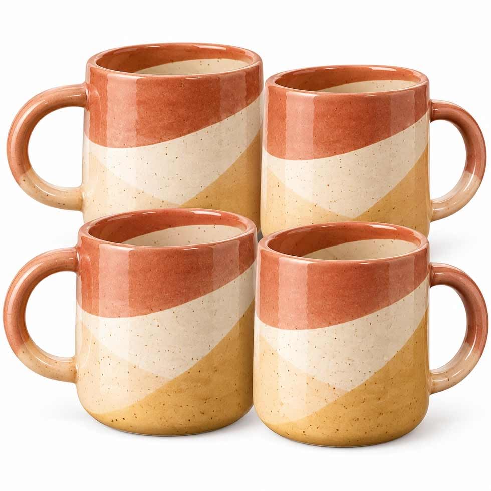 Multicoloured Terracotta Ceramic Coffee Mugs Set of 4, 12 oz / 350ml Stoneware Tea Cups with Ergonomic Handle, Colour-Block Speckled Artisan Cocoa Mug Set for Latte, Cappuccino & Tea, Microwave & Dish — image 1
