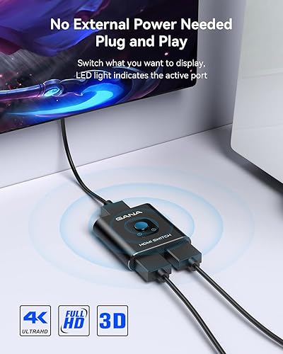 Miniatura 5 de GANA - Conmutador HDMI aluminio bidireccional, con capacidad de 4K a 60 hercios y salida divisora de 2 en 1, hub HDMI 3D apto para Xbox, PS543,