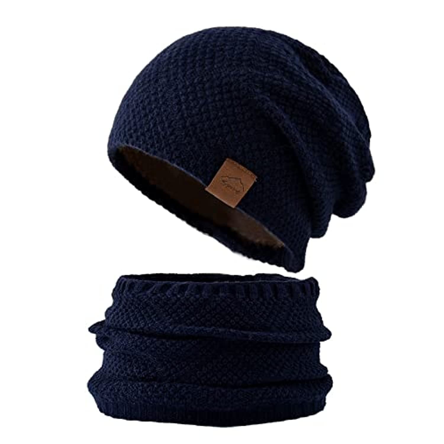 Pomel 2-Pieces Winter Hat Scarf Set Warm Knit Thick Black Beanie Hat Scarves