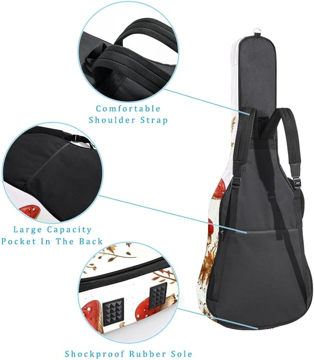 40 41 42 Inch Acoustic Guitar Bag, 0.4 In Thick Sponge Padded Guitar Case Gig Bag with Back Hanger Loop and 2 Pockets, Mushrooms Fern and Berries