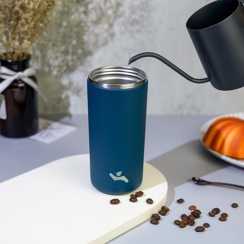 Miniatura 7 de Vaso con tapa, taza de café de viaje de 16 onzas, botella de agua aislada al vacío de doble pared de acero inoxidable con aislamiento térmico, azul