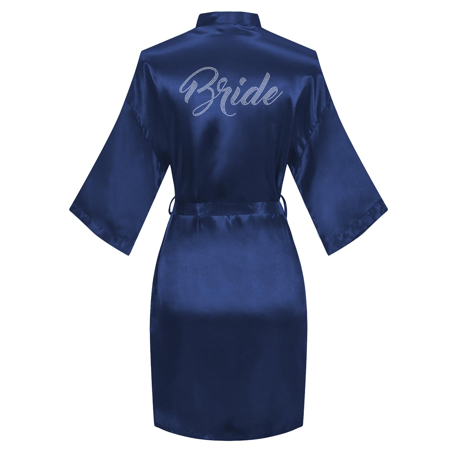 Women's Satin Robe Bride Bridesmaid Short Kimono Robes with Silver Rhinestones for Wedding Party Getting Ready