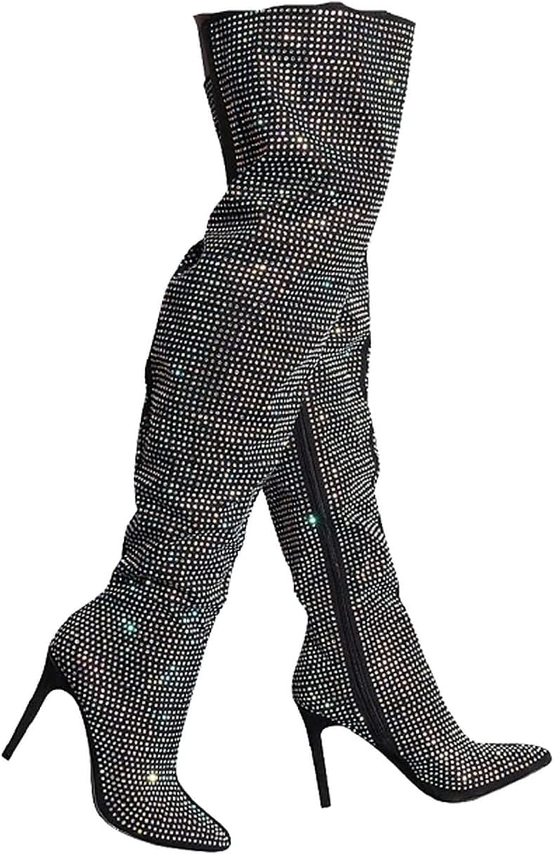 Women's All Over Diamond Rhinestone Stripe Front Slouchy Thigh High Stiletto Boots