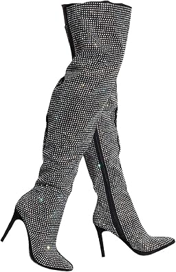 Womens All Over Diamond Rhinestone Stripe Front Slouchy Thigh High Stiletto Boots