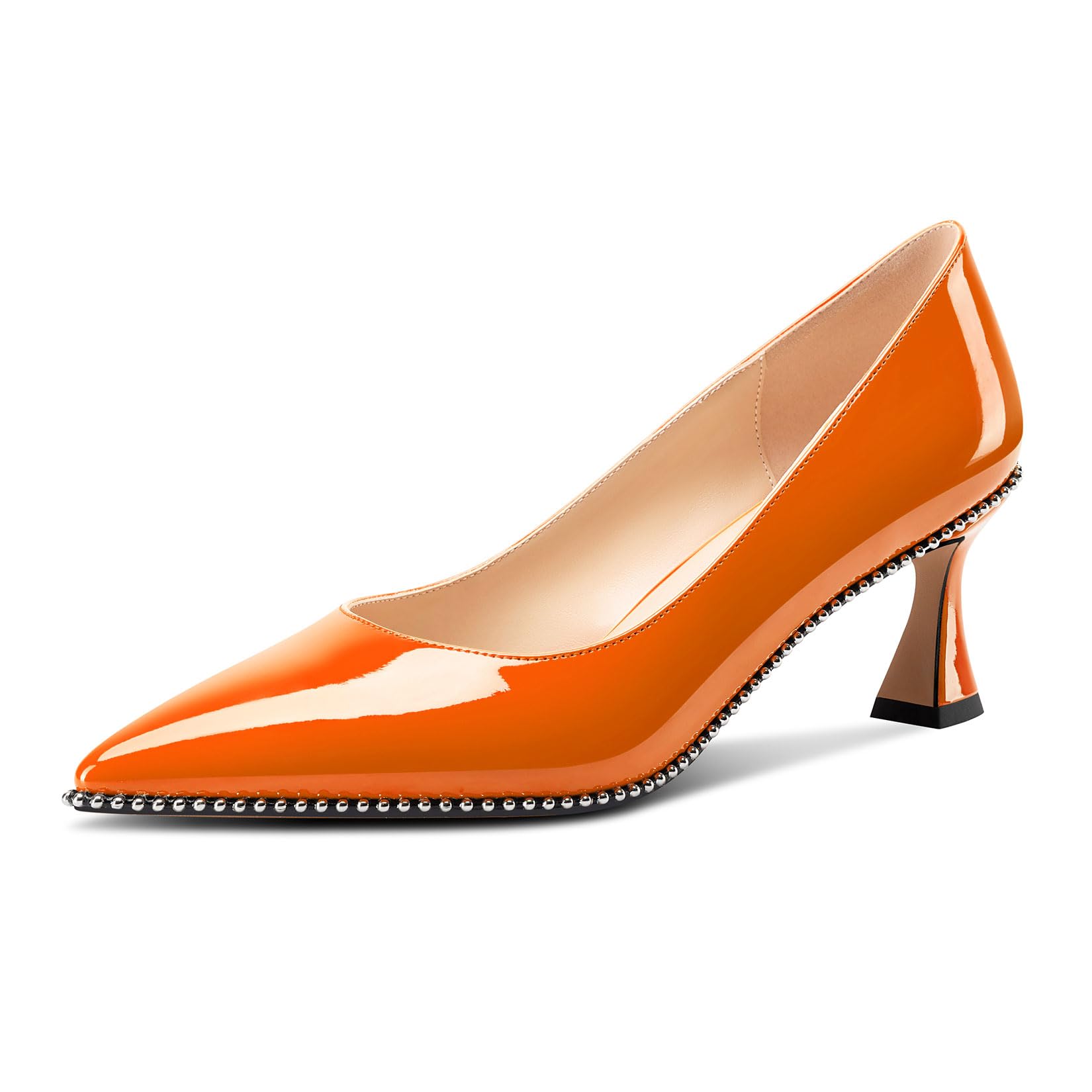 TNYNFBEB Womens Kitten Heel Pointed Toe Pumps Slip-on Sliver Beaded Prom Wedding Dress Basic Classic Patent Leather Summer 2.6 Inches Heels