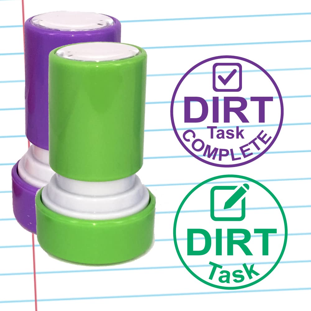 Dirt Task & Task Complete (D.I.R.T.-Dedicated Improvement Reflection Time) Teacher Stamps. 2 Stamp Set, Self-Inking, Reinkable. Purple/Green Ink*