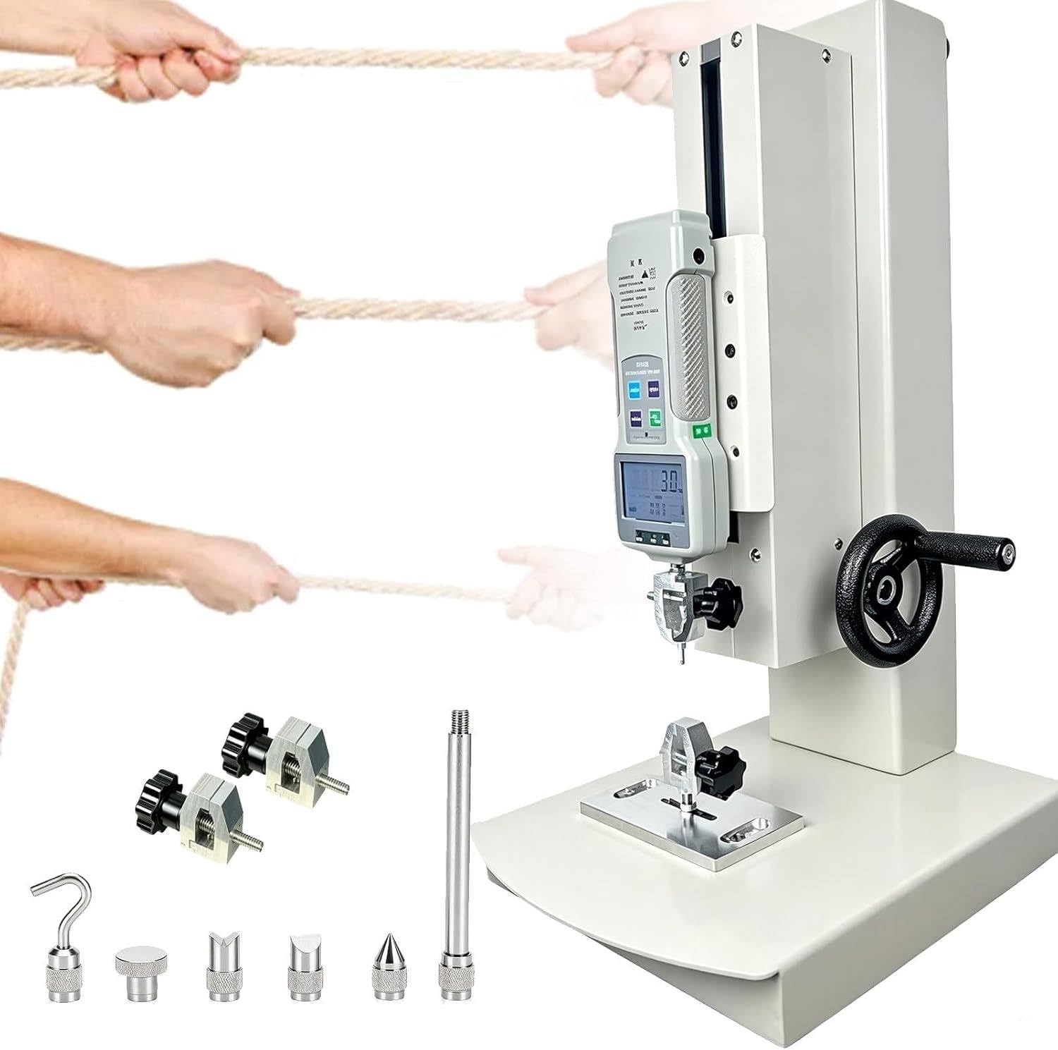 XUXIAO Hand Crank Vertical Tensile Test Bench, 10-2000N Digital Pull Force Tester, with 5 Probes, 2 Testing Clamp, Stroke 270mm, for Compression and Tension Testing Standard-10N
