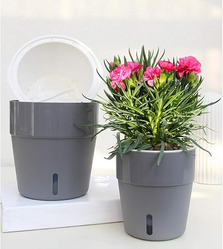 Miniatura 5 de Paquete de 3 macetas de riego automático de 4 pulgadas con indicador de nivel de agua, maceta moderna para interiores, color gris