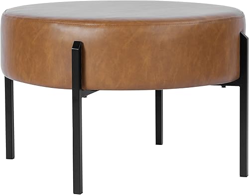 Miniatura 7 de HomePop Otomana redonda moderna, decoración del hogar, otomana redonda tapizada de terciopelo – piel sintética color carmel, pequeña Marrón,Boucle