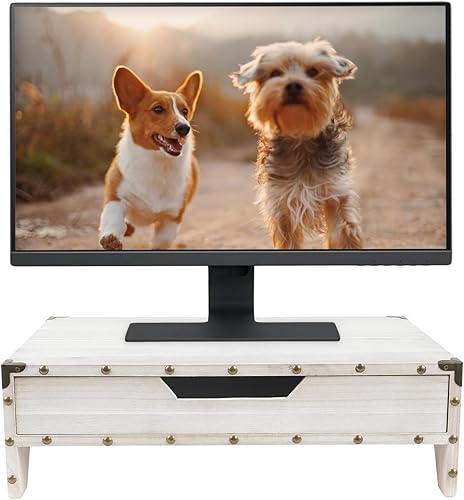 Ikee Design Soporte de madera para monitor de 2 niveles con cajón, soportes de escritorio de madera para laptop, TV, elevador de computadora,