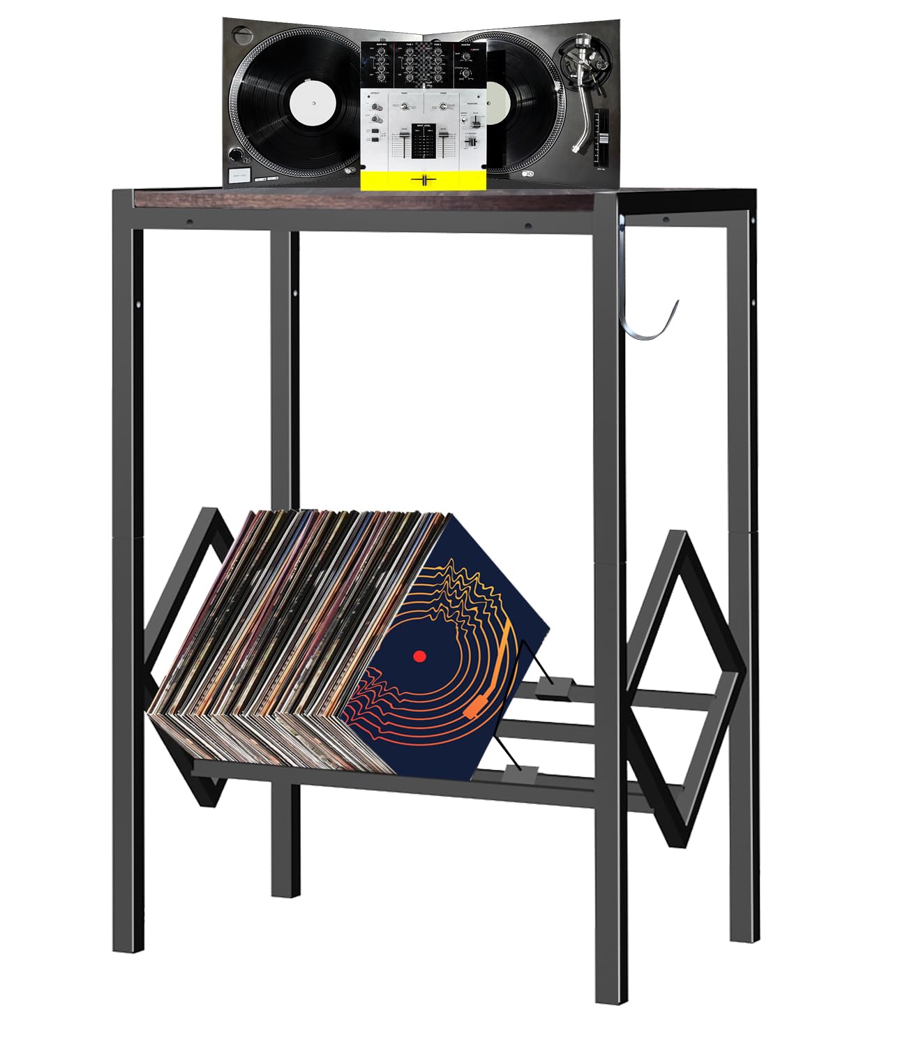 BIHOMIFI Record Player Stand Vintage with Album Storage Record Player Table Holds Up to 80 Albums Turntable Stand with Matte Black Metal Legs Record Player Stand Wooden for Living Room Bedroom Office