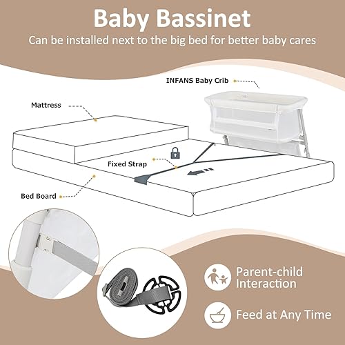 Miniatura 7 de INFANS Moisés sobre la cama para bebé, cama de noche con pared inferior para un fácil acceso, cierre seguro para dormir, altura ajustable,