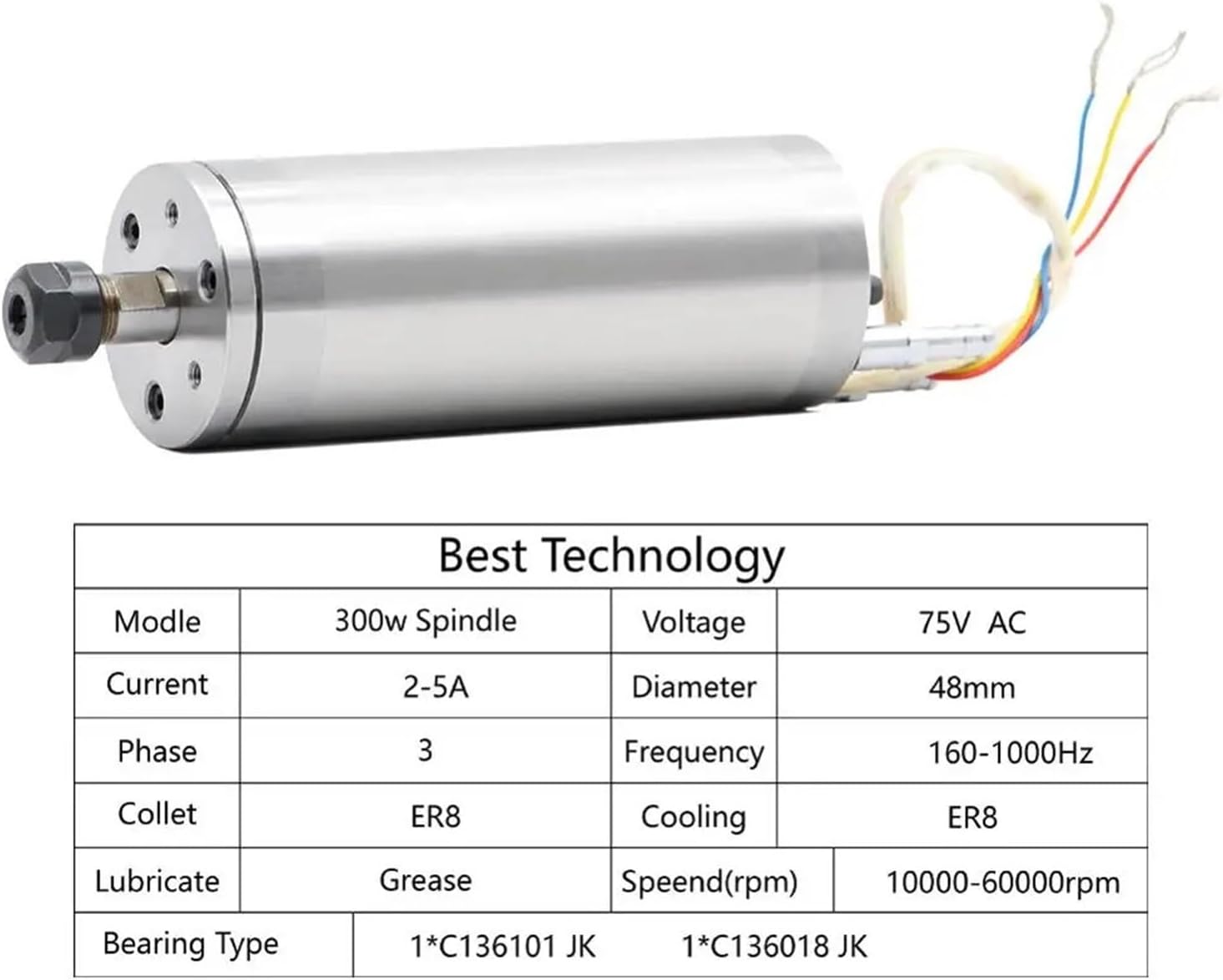 Water-cooled spindle motor 75v 300w ER8 0-60000rpm 1000Hz 48 * 130mm