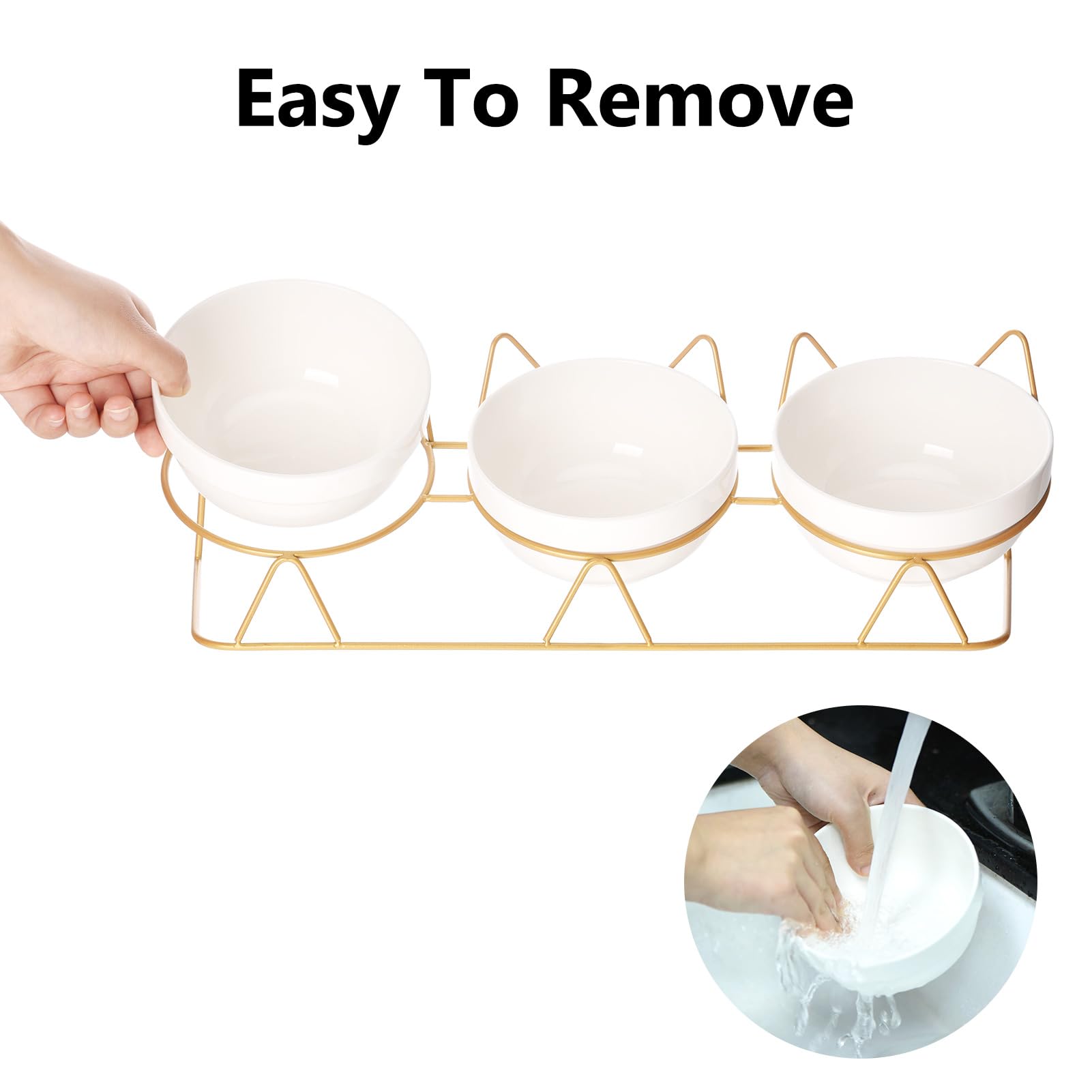 Trosetry Cat Bowls Set of 3, Ceramic Raised Cat Food Bowl with Pet Food Mat Elevated 15°Tilted Kitten Drink Bowl Gold Stand for Food and Water Anti Vomiting Dish for Indoor Cats Puppy and Small Dogs