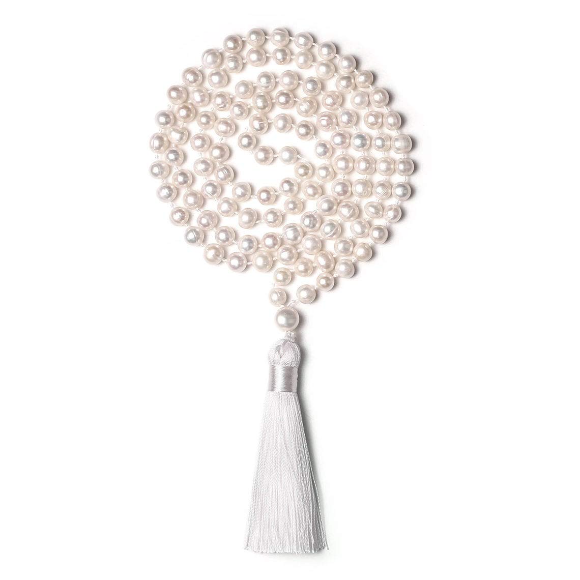 Natural Pearl Stone Gemstone Mala Necklace with Tassle Natural Healing Stone Rosary Gemstones for Vastu Healing Meditation Reiki & Pooja for Men & Women - 108+1 Beads (8 MM)-image-31