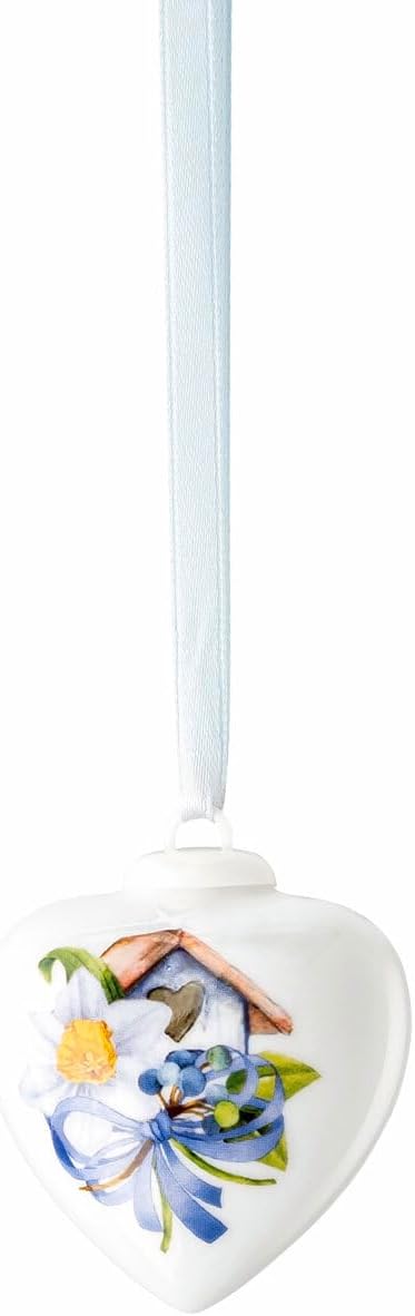 Hutschenreuther Porzellan-Mini-Herz 2025, Porzellanherz zum Aufhängen, Höhe 4,5 cm, Sammeledition Ostern, Porzellan Mehrfarbig, Motiv Narzisse weiß