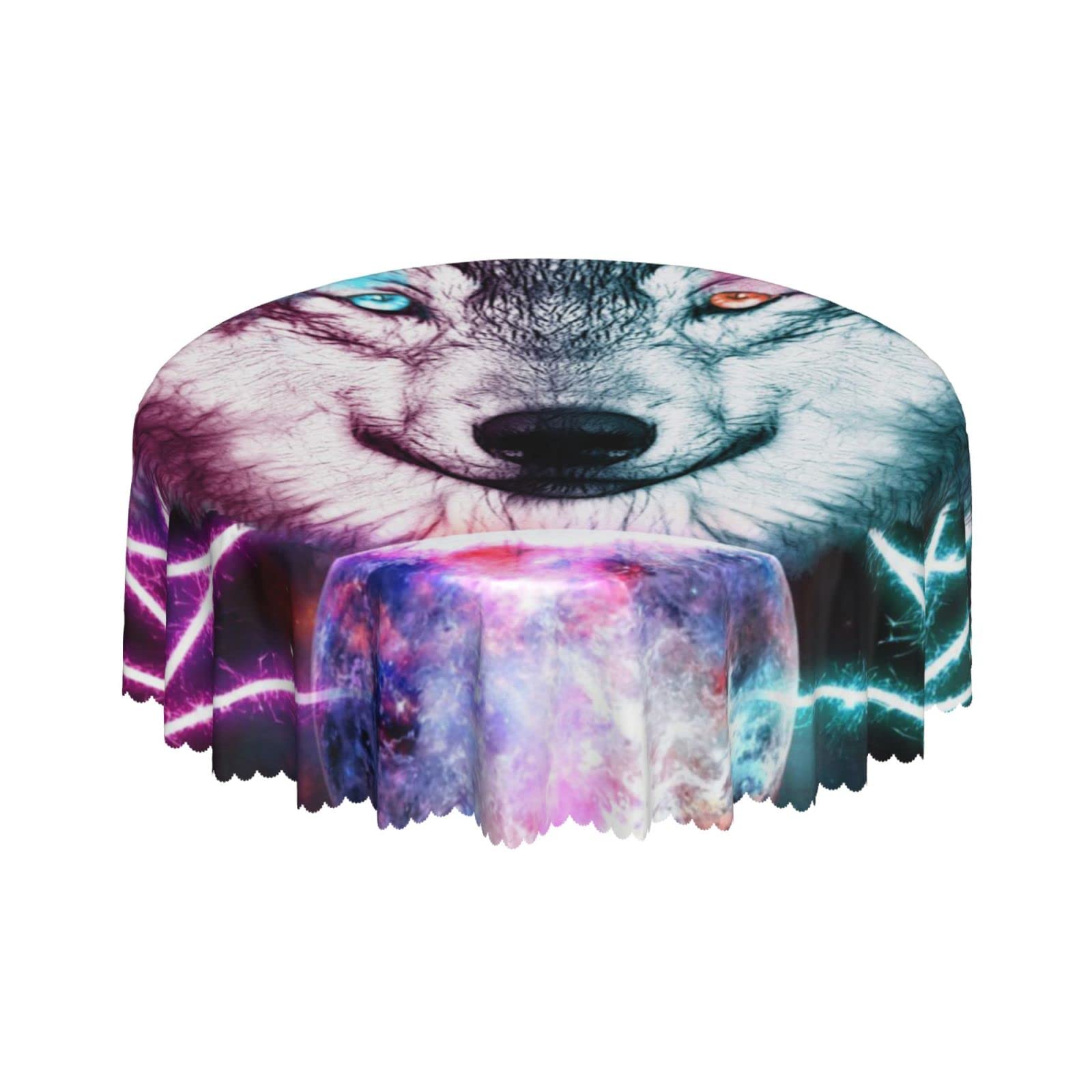 Lsjuee Wolf Magic Abstract Galaxy Round Tablecloth 60 Inch Printed Washable Tablecloth for Dining Party Holiday Fall Home Decorative