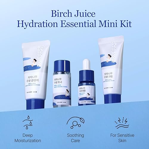 Miniatura 2 de ROUND LAB Mini kit hidratante de jugo de abedul, juego de cuidado de la piel de 4 pasos de tamaño de viaje (limpiador, tóner, suero, crema), kit de