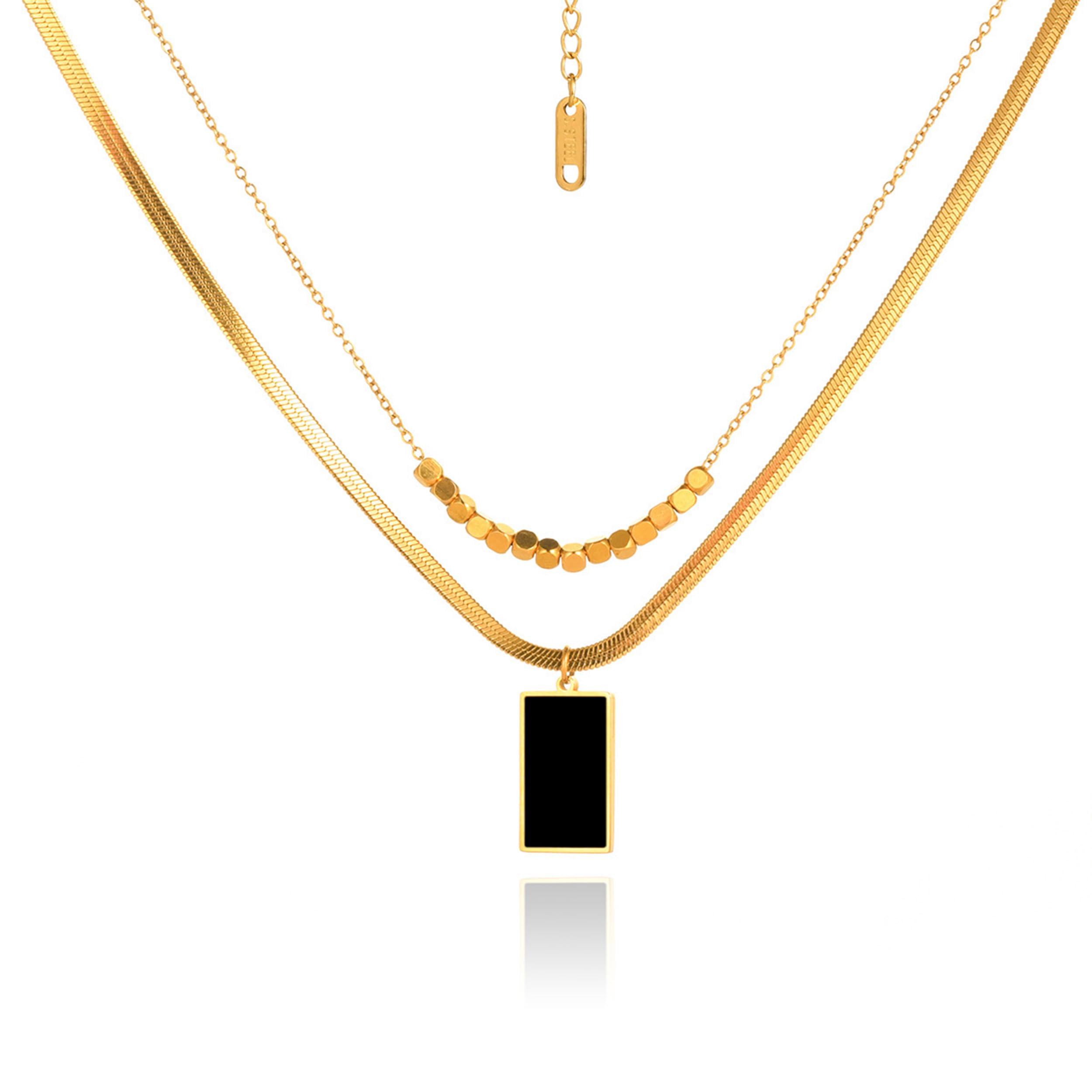 VIVANILLA Korean Style Double Layered Necklace for Girls Multi Layered Chain Titanium Steel Neckchain with Cool Square Black Block Pendant Jewellery for Womens Sweater (B0CBQ1H1LT) Amazon Price History, Amazon Price Tracker