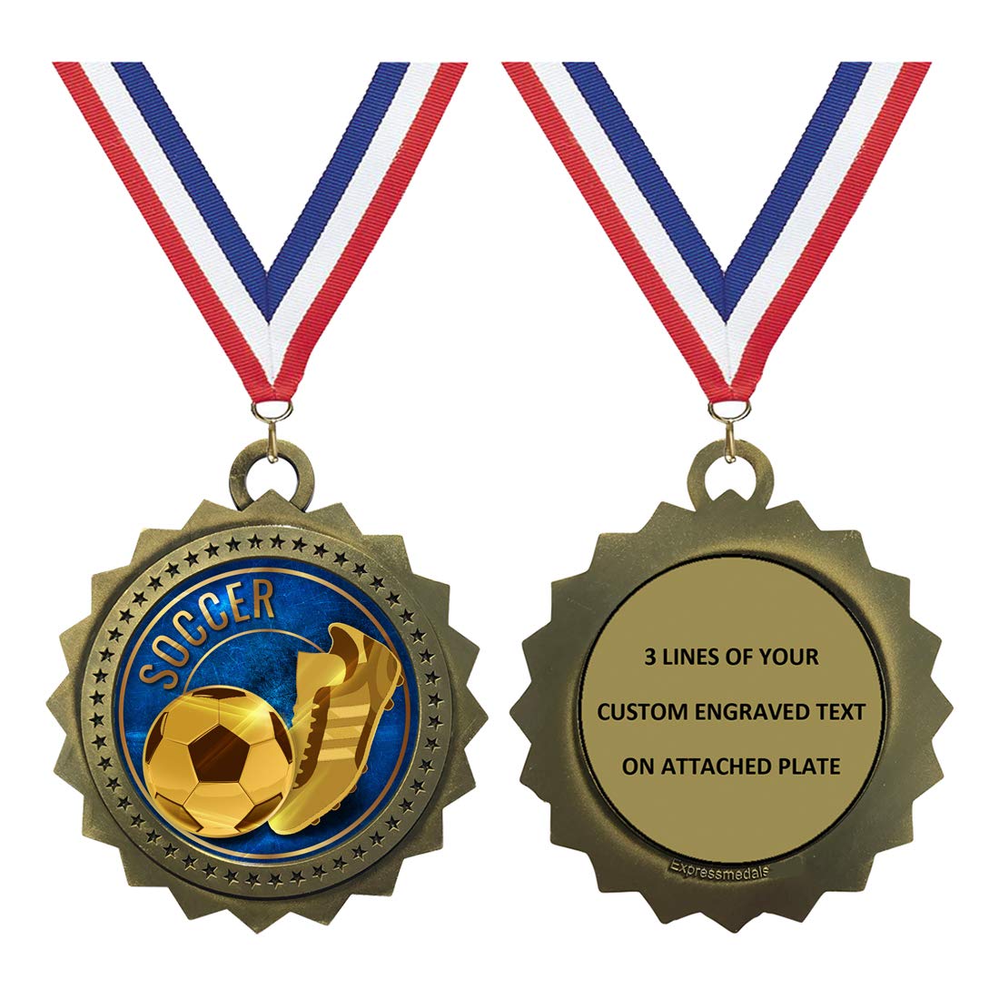 Express Medals Large 3 inch Gold Color Soccer Medal Trophy Award Engraved Personalized Text and Neck Ribbon EG46 (Pack of 5)