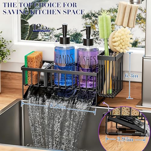 Image of MASADI Kitchen Sink Caddy with Dish Soap Dispenser Set, 12OZ Glass Bottle, Hand and Dish Soap Dispenser Set, Non-Slip Silicone Pad, Brush Holder, Kitchen Sink Organizer Countertop (Black+Clear)