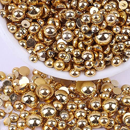 Flatback Pearls for Crafts, 50g Plated Gold Half Pearls for Crafting, Mixed Size 3/4/5/6/8/10mm Flatback Half Round Pearl Beads for Craft Tumbler Shoes Clothes Cup Projects Nail Face Art