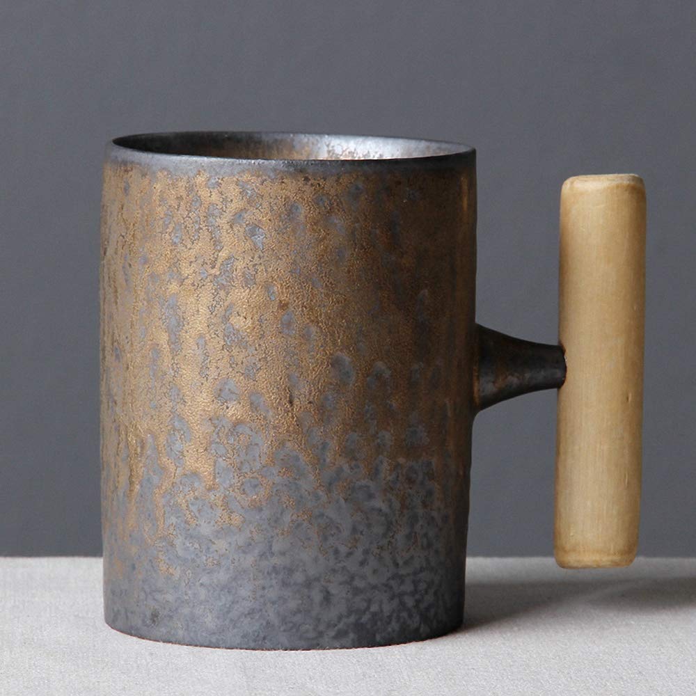 Taza de café de cerámica japonesa con mango de madera vintage para el hogar y la oficina (gris-A)