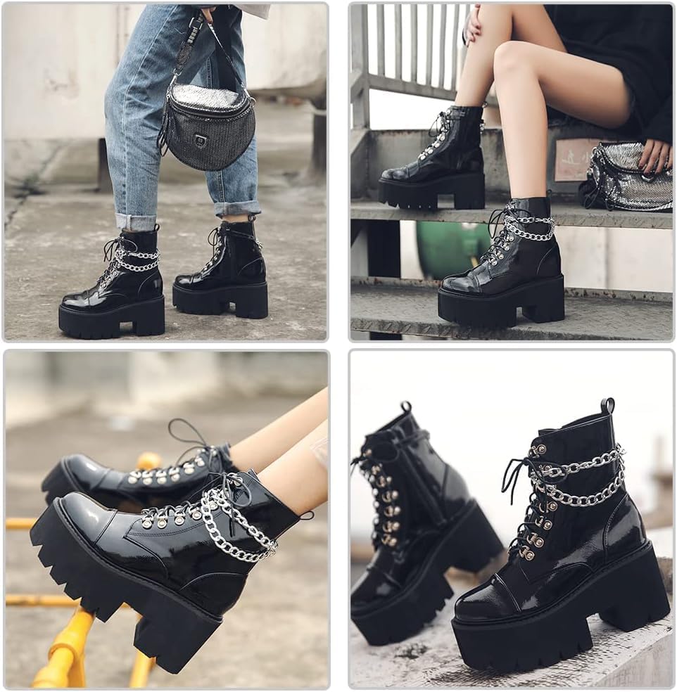CYNLLIO Platform Ankle Boots for Women Combat Chunky Wedge Heel Boots Rave Goth Lace Up & Zipper Booties Punk Chain Shoes for Festival Concert Cosplay Party - Image 5