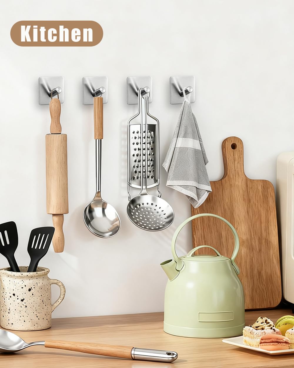 YLITREUS Ganci Adesivi Acciaio Inox 6 Pezzi - Ganci per Accappatoio Senza Forare, Impermeabili e Antiruggine, Adatti per Bagno e Cucina, Argento