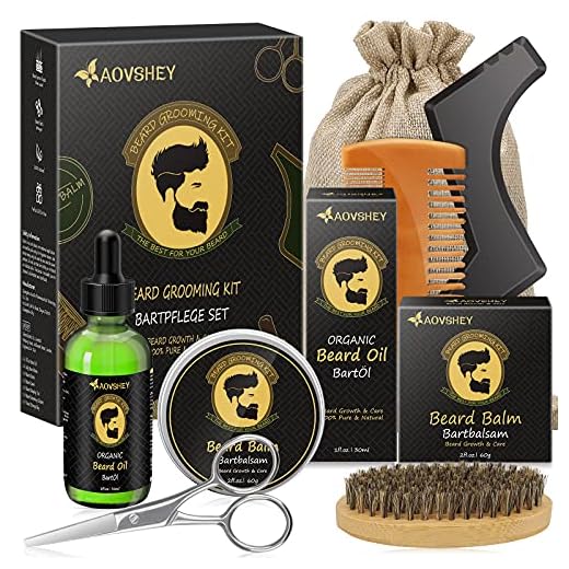 AOVSHEY Bartpflege Set für Männer 7 Teilig, Bart Set Herren mit Bartöl, Bartbalsam, Bartbürste, Bartkamm, Bartschere, Geschenkset für Vatertag Valentinstag Geburtstag Weihnachten