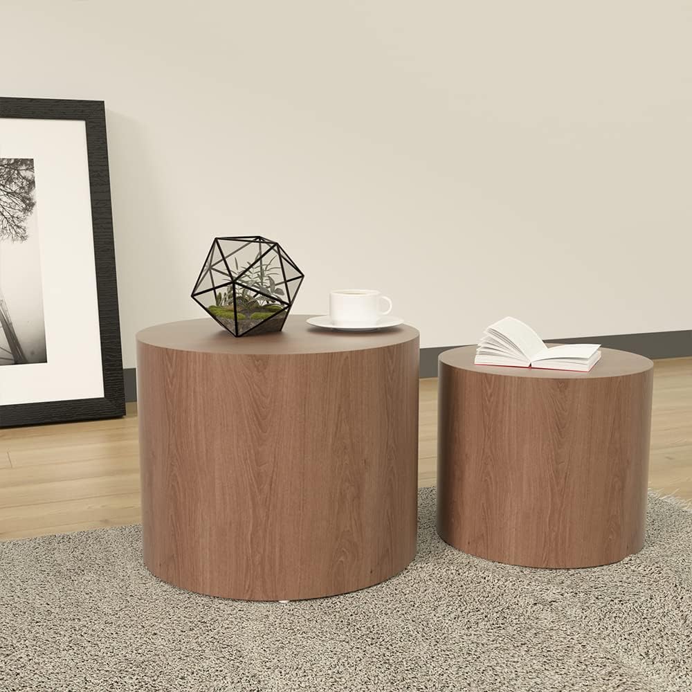 Kevinplus Modern Coffee Nesting Side End Table Set of 2, Small Round Circle Midcentury Bed Side for Living Room Bedroom Office (Walnut - Round)