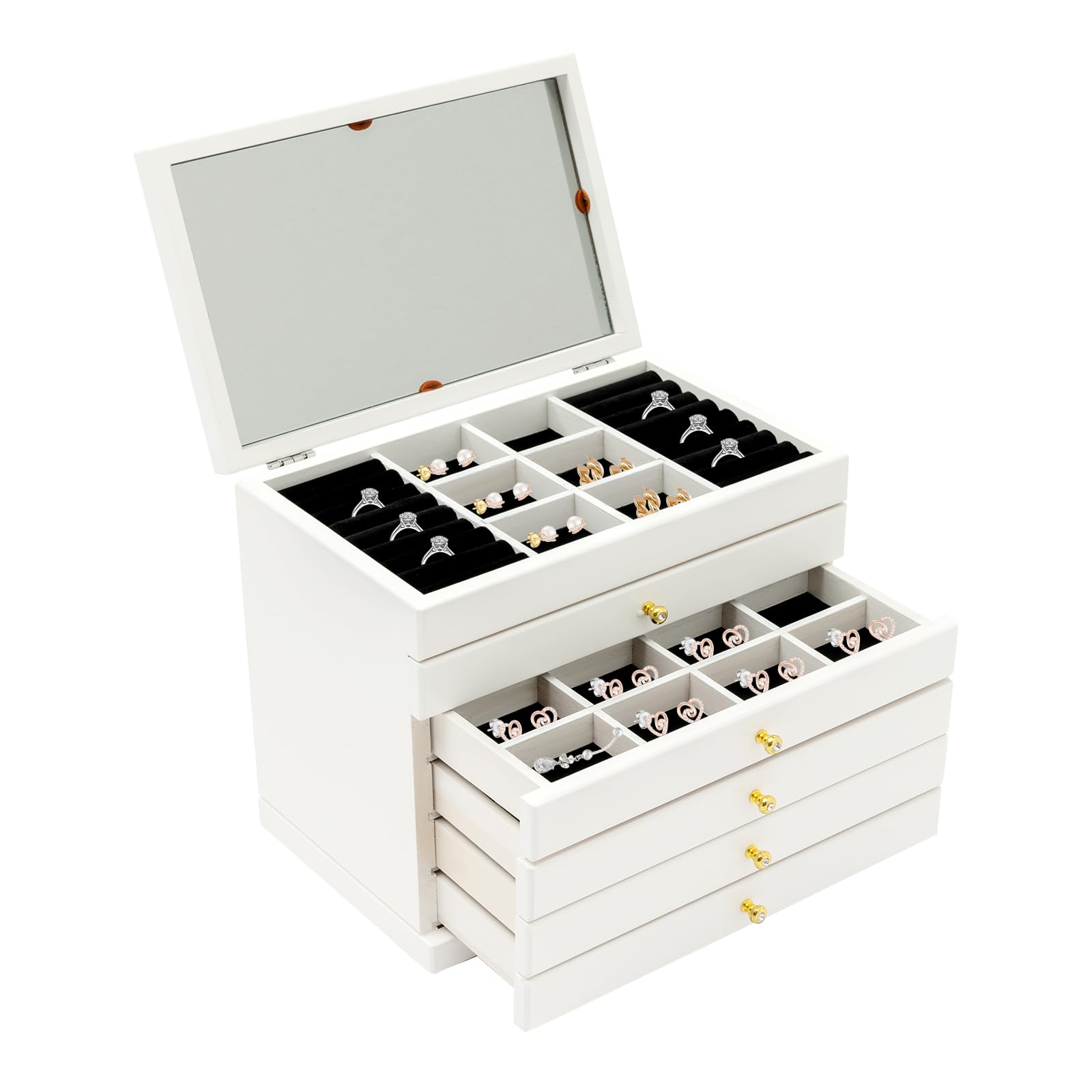 6-lagige hölzerne Schmuckschatulle Vintage Jewelry Organizer Box Rustic Wood Jewelry Case mit klarem Deckel, 5 Schubladen für Juwelen, Uhren, Halskette, Ring Lagerung