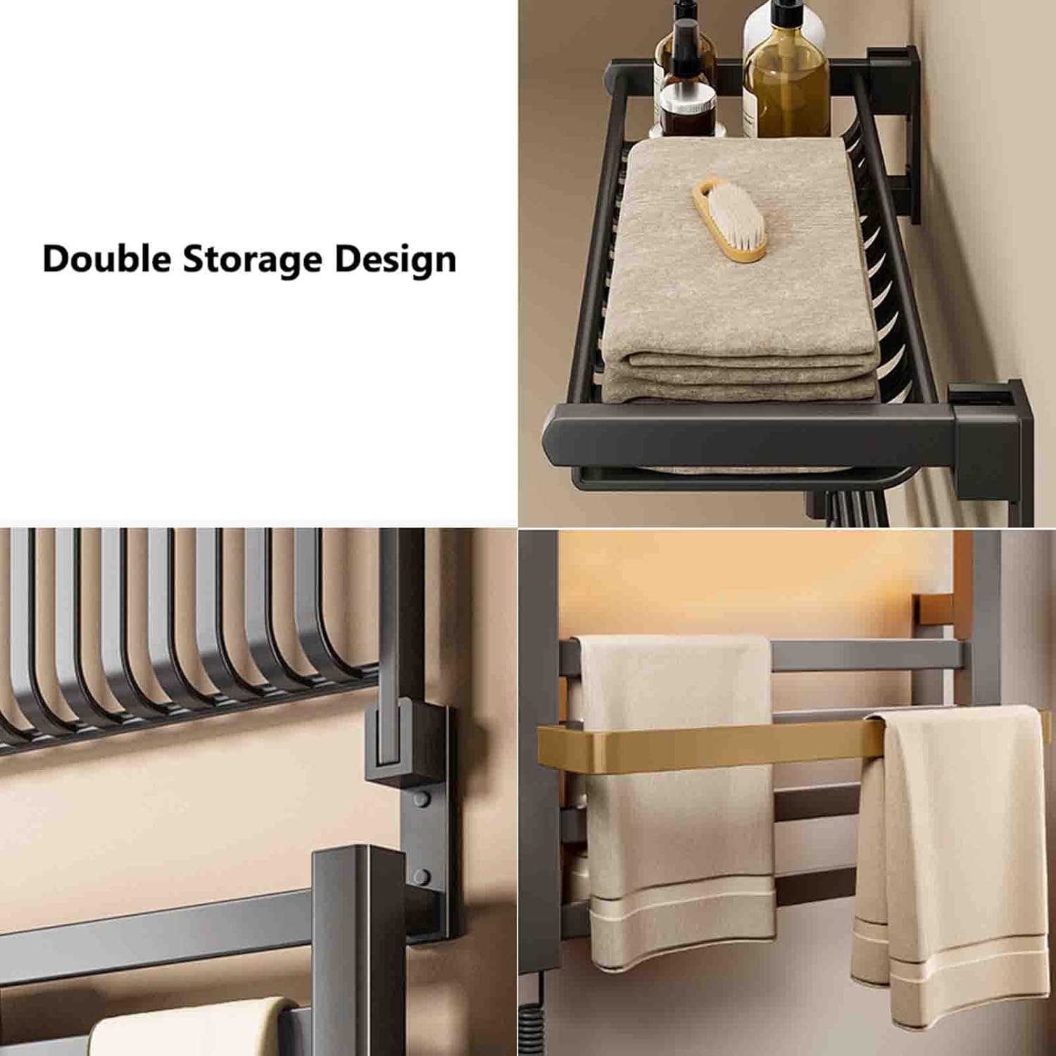 Electric Towel Warmer with Folding Shelf, 100W Heated Towel Drying Rack with Timer, Wall Mounted 6 Bar Aluminum Alloy Heated Towel Rail Radiator for Bathroom