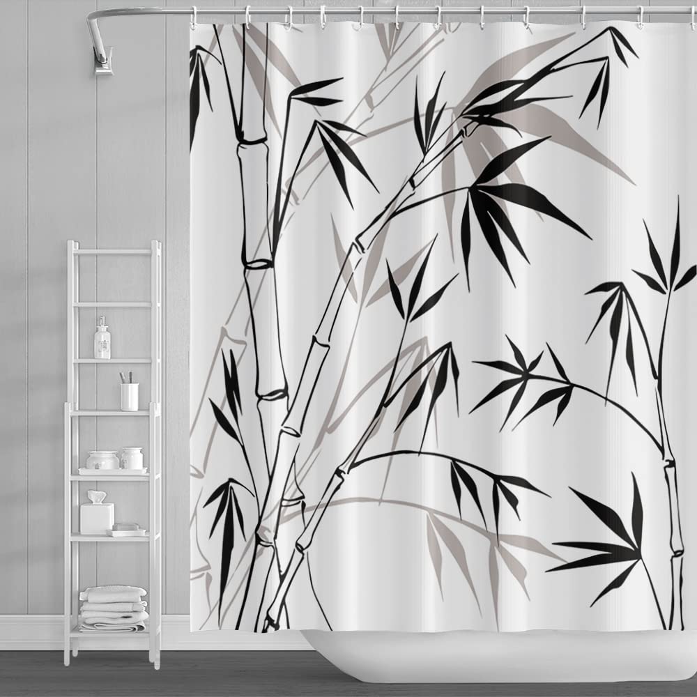 SDOTPMT 122x183cm Bamboo Silhouette Shower Curtain Bamboo Leaves Sketch White Bath Curtain Classic Ink Painting Bathtub Curtain for Kids Bathroom Decor Fabric Polyester Waterproof with Hooks