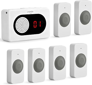 Umimile Caregiver Pager Wireless Call Button for Home, Nurse Alert with LED Display & Voice, 6 Buttons, 150m/500ft Range, 26 Ringtones, for Elderly Patient, Senior Care, Clinic & Nursing Home, White