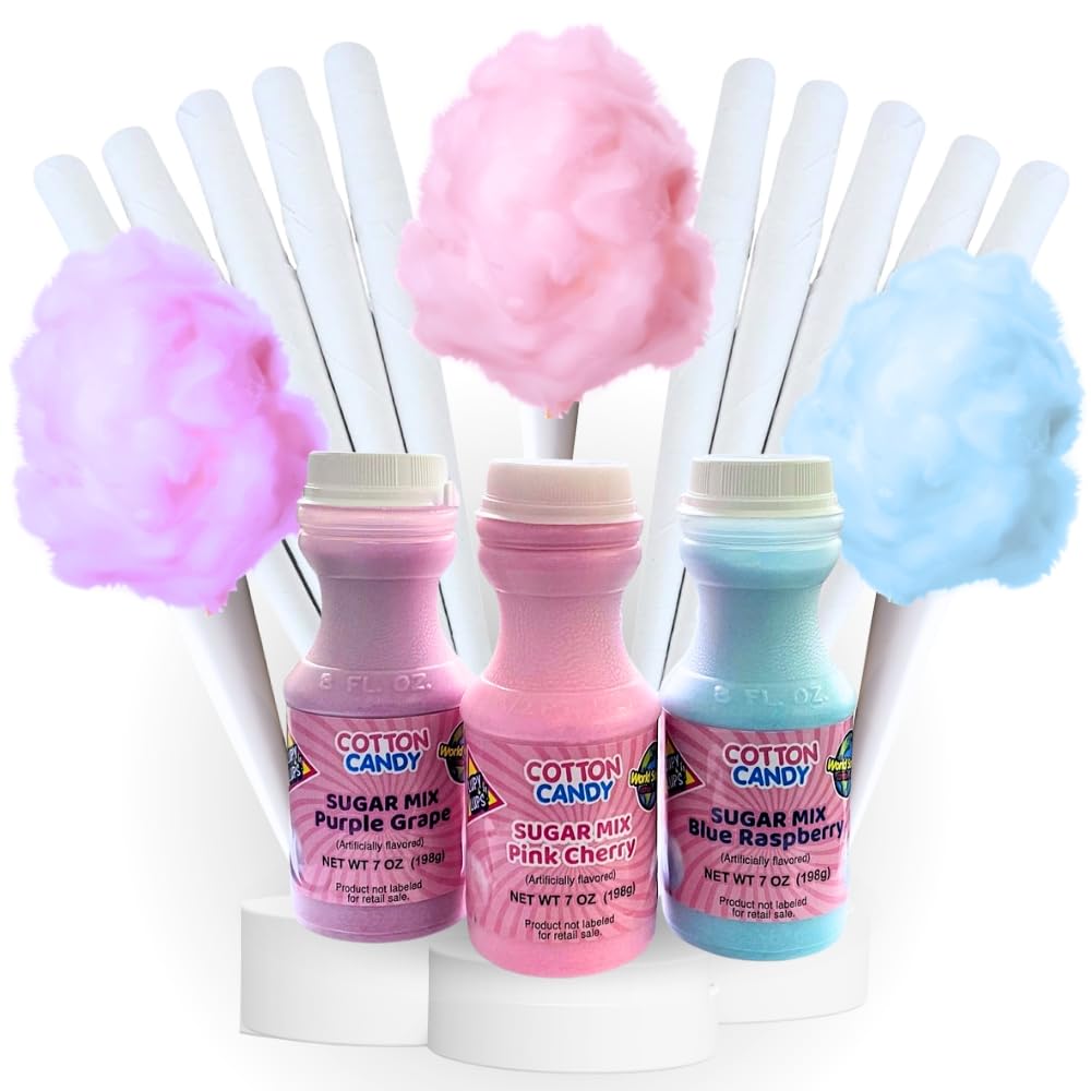 Lupy Lups! Sugar Mix Kit Floss Sugar w -3 Plastics Jars of 7 oz Blue Raspberry, Purple Grape & Pink Cherry- 25 Paper Cones- Create Fluffy Cotton Candy - Cotton Candy also floats atop beverages!