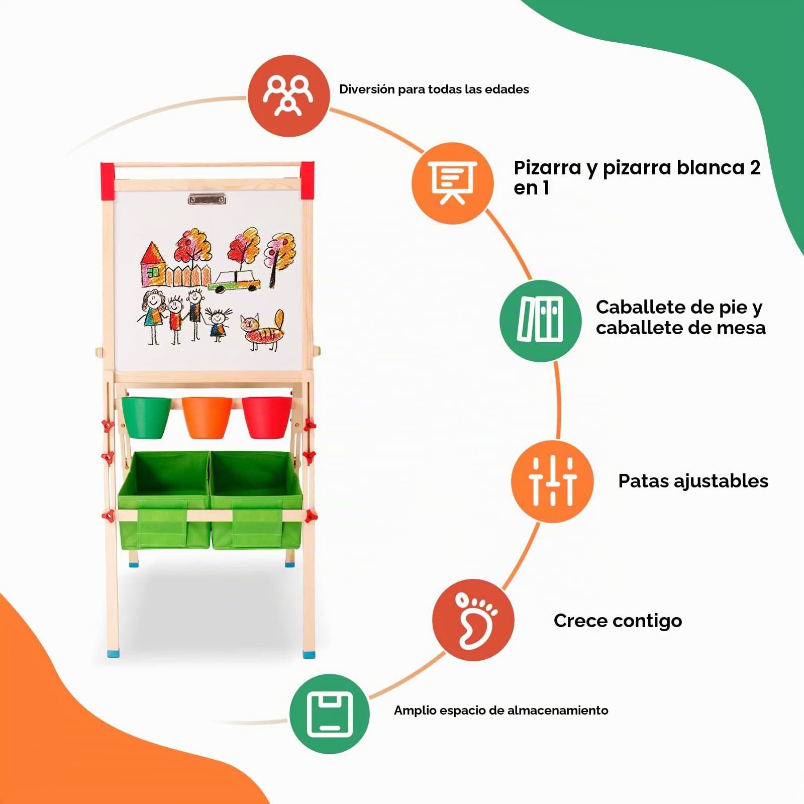 Caballete infantil de madera, pizarra infantil con rollo de papel Pizarra blanca de doble cara y pizarra negra Caballete de arte ajustable en altura con números y otros accesorios para niños