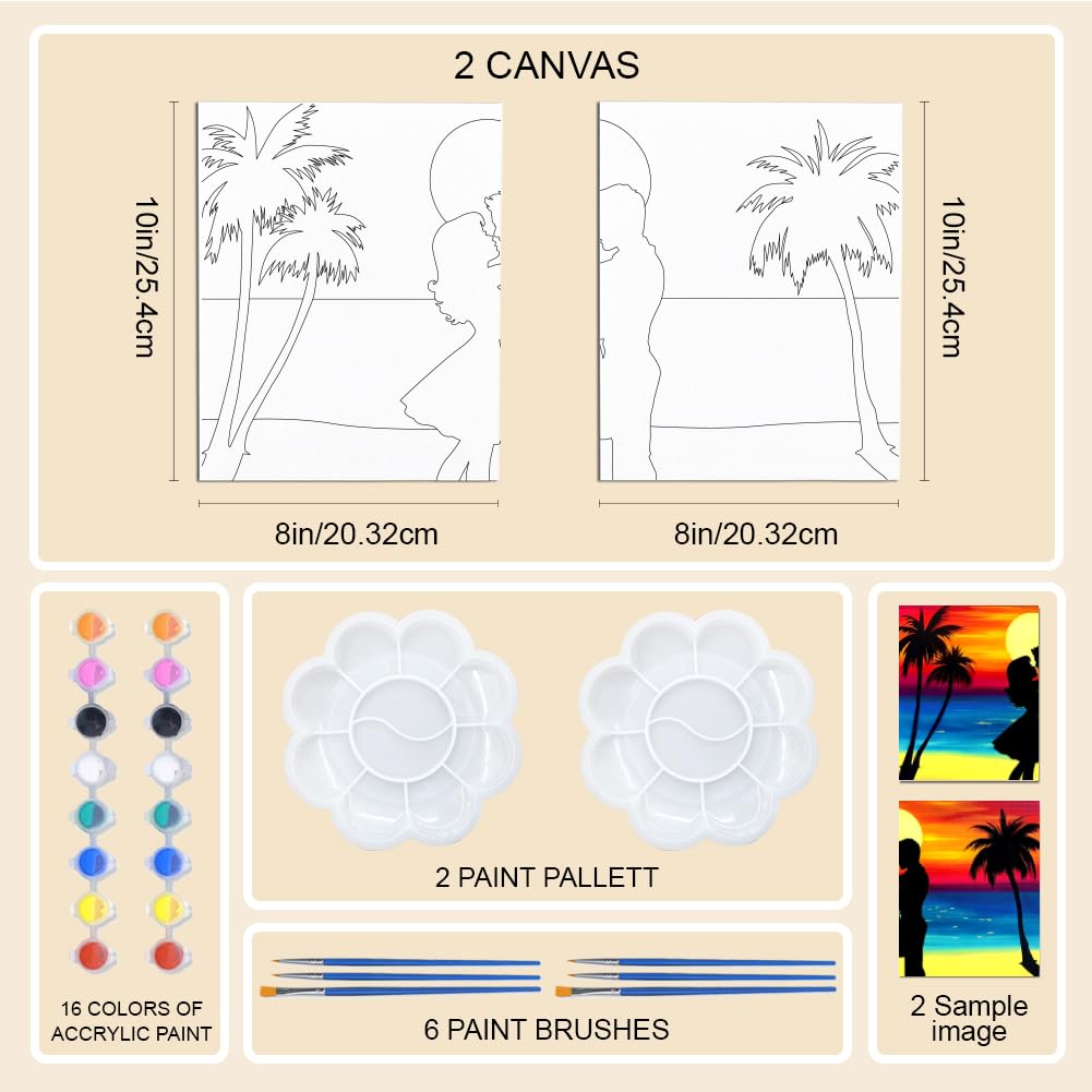 WEBEEDY 2 Packt Malen nach Zahlen Set Für Den Paar Date Abend 20x25cm Sonnenuntergang Vorzeichnung Strand Leinwand Für Malpartybedarf Geburtstag Jubiläen Hochzeitsgeschenk DIY Wanddekoration
