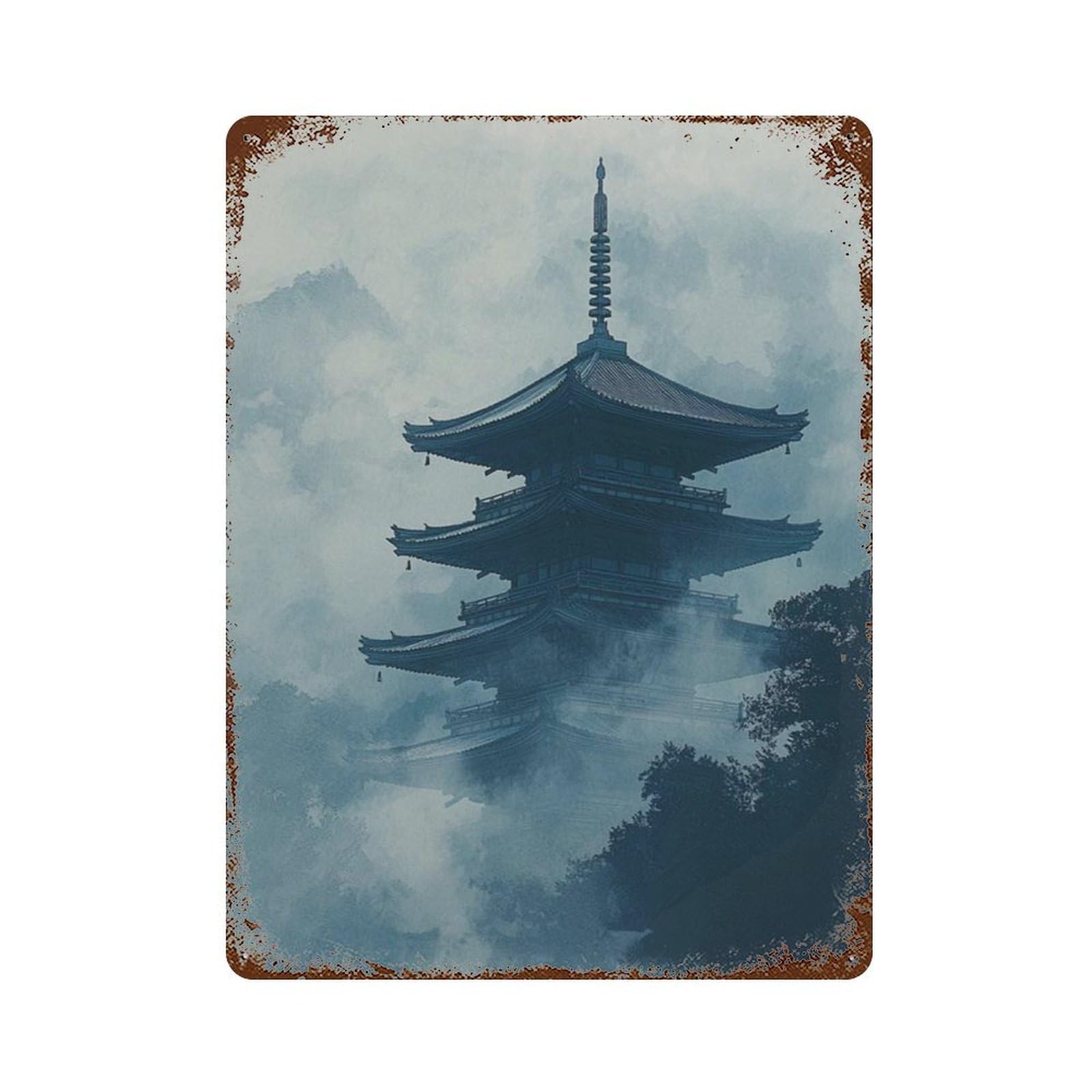 xiaoxiaoshen Japanese Pagoda Zen Misty Temple Asian Landscape Work Minimal Blue Nature Wall Decor Art Metal Tin Poster Modern Home Decor Art Home Bar Shop Decorations Vintage Sign 40x30cm