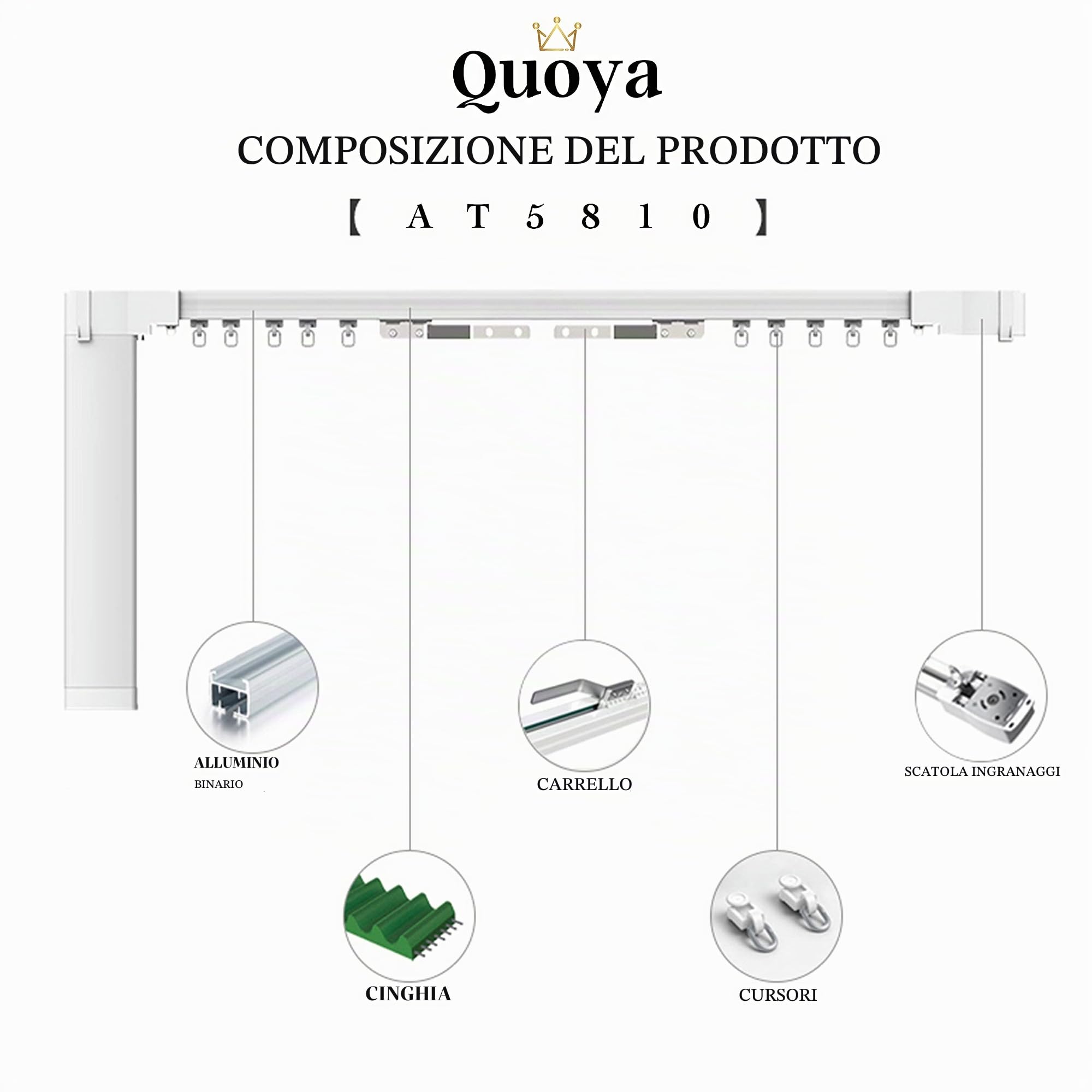 Quoya QL600 Binario elettrico intelligente per tende, motore motorizzato, lunghezza del binario regolabile, compatibile con Alexa, Google, Siri, Apple Watch (QL600, fino a 3 metri)