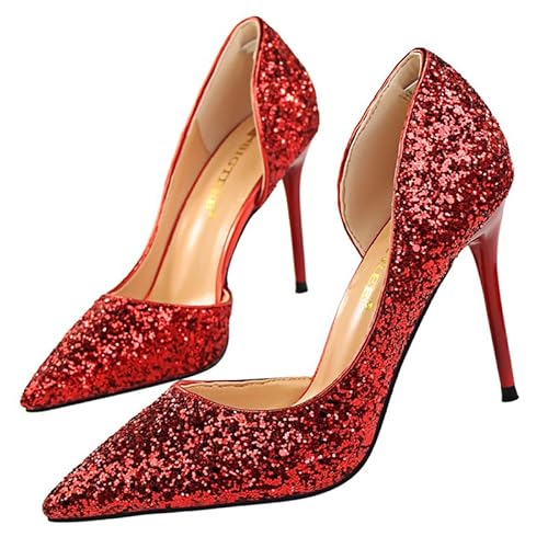 VFDB Women's Glitter Sexy Stiletto Heeled Pumps Sandals, Bling Side Cutout Thin High Heels Sparkly Sequins Prom Shoes Z-Red US 7.5