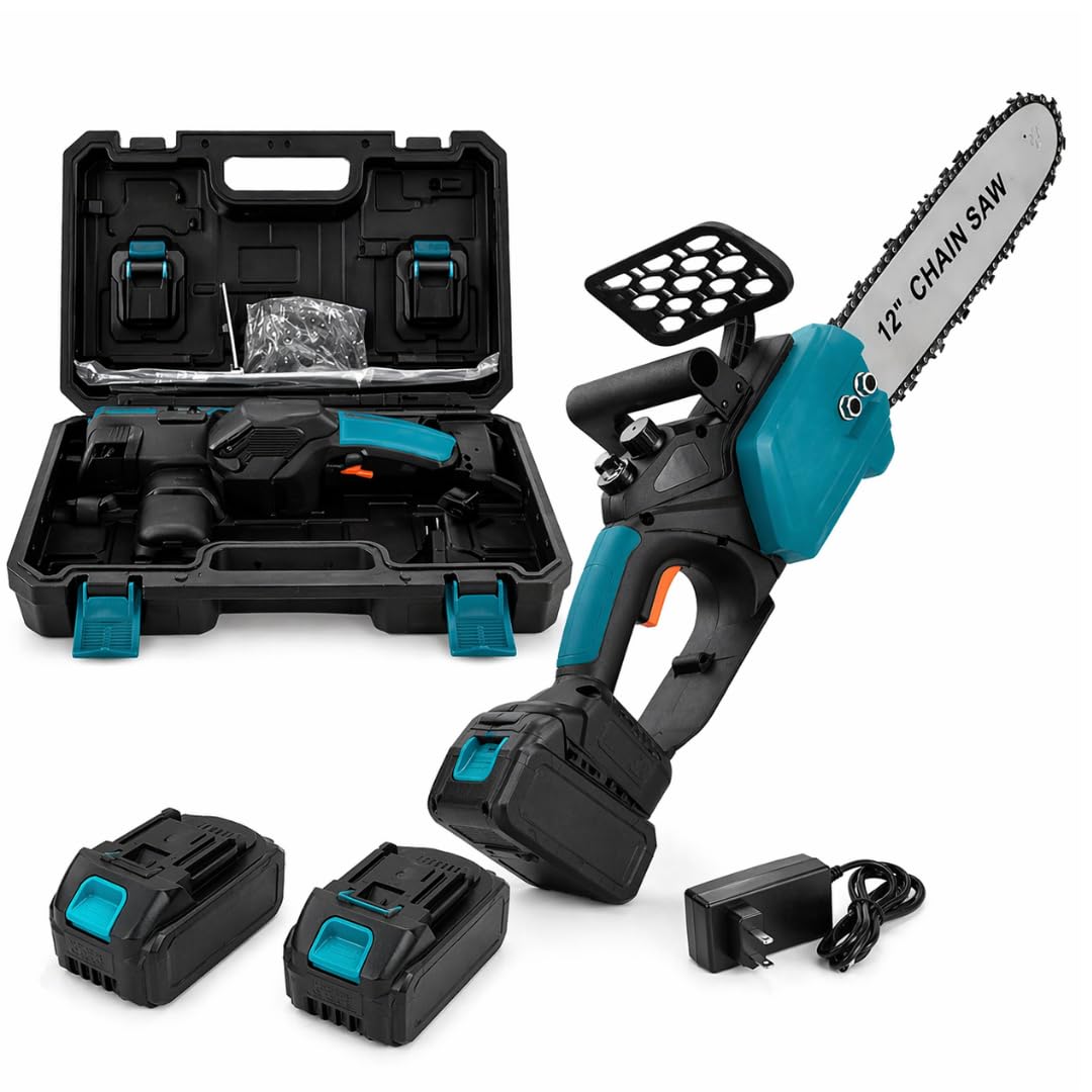 Motosega a Batteria 12” per Potatura con Oliatore, Sega Elettrica per Legno con 2 Batterie, Compatta e Portatile per Giardinaggio.