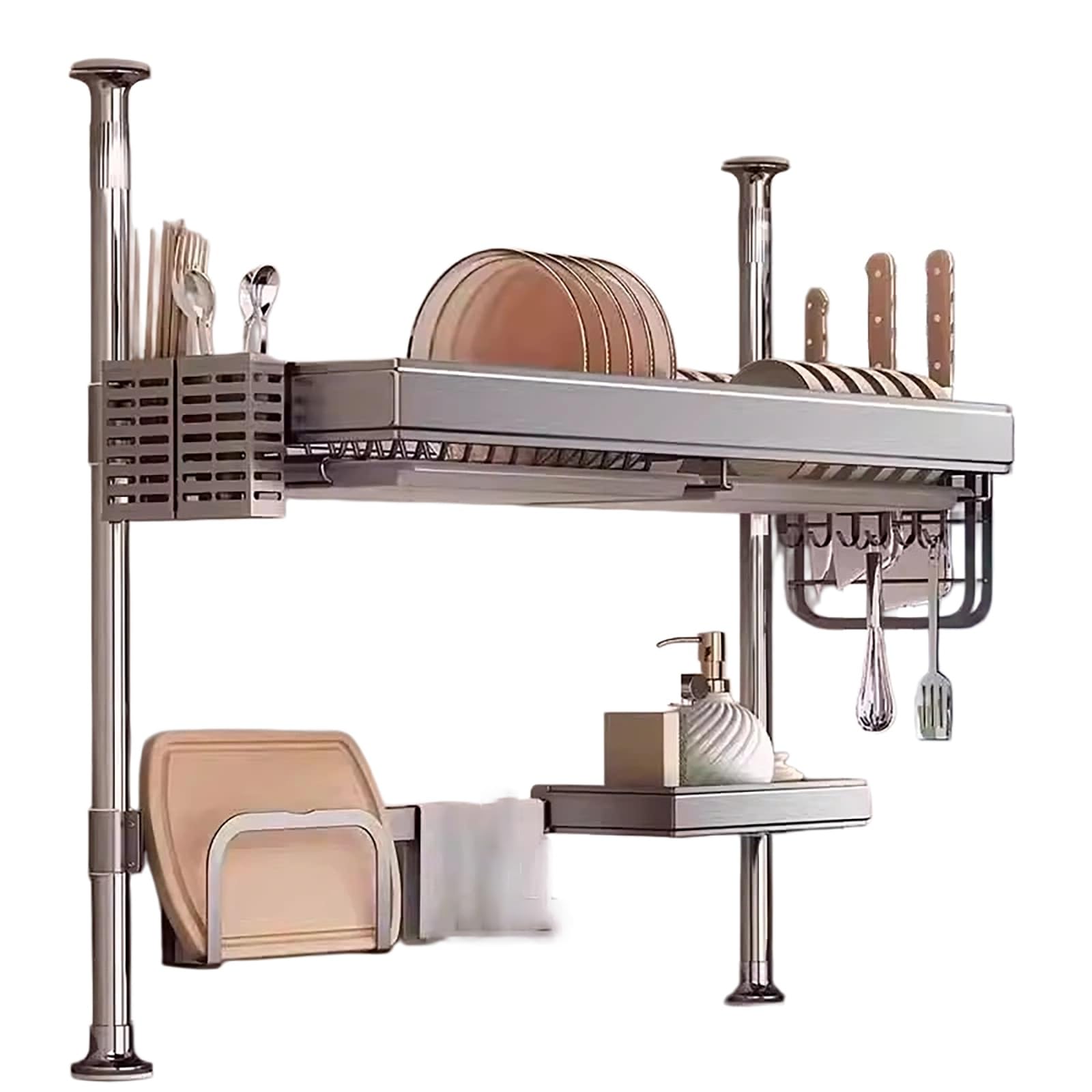 Scolapiatti sopra il lavello, organizer da cucina espandibile in acciaio inox, lunghezza regolabile 66,5-104,9 cm, ripiano singolo per piano di lavoro