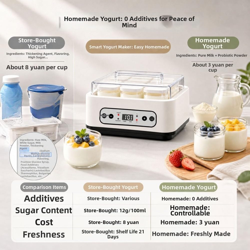 Machine à Yaourt Automatique 6 Récipients Verre Yaourtière Fromagère Réglable Livre de Recettes Inclus