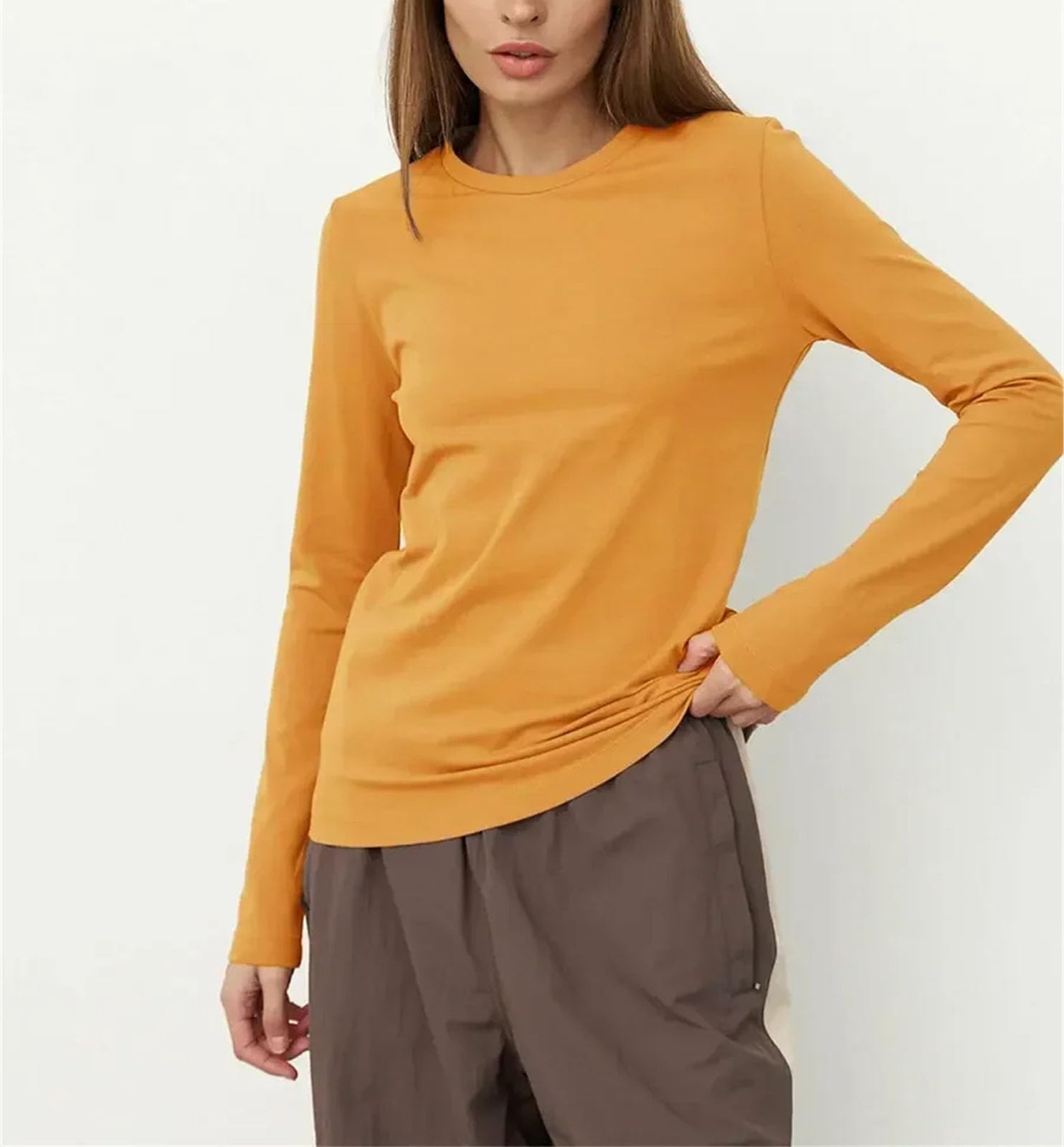 Camiseta de algodón para mujer, básica, color liso, manga larga, holgada, talla L