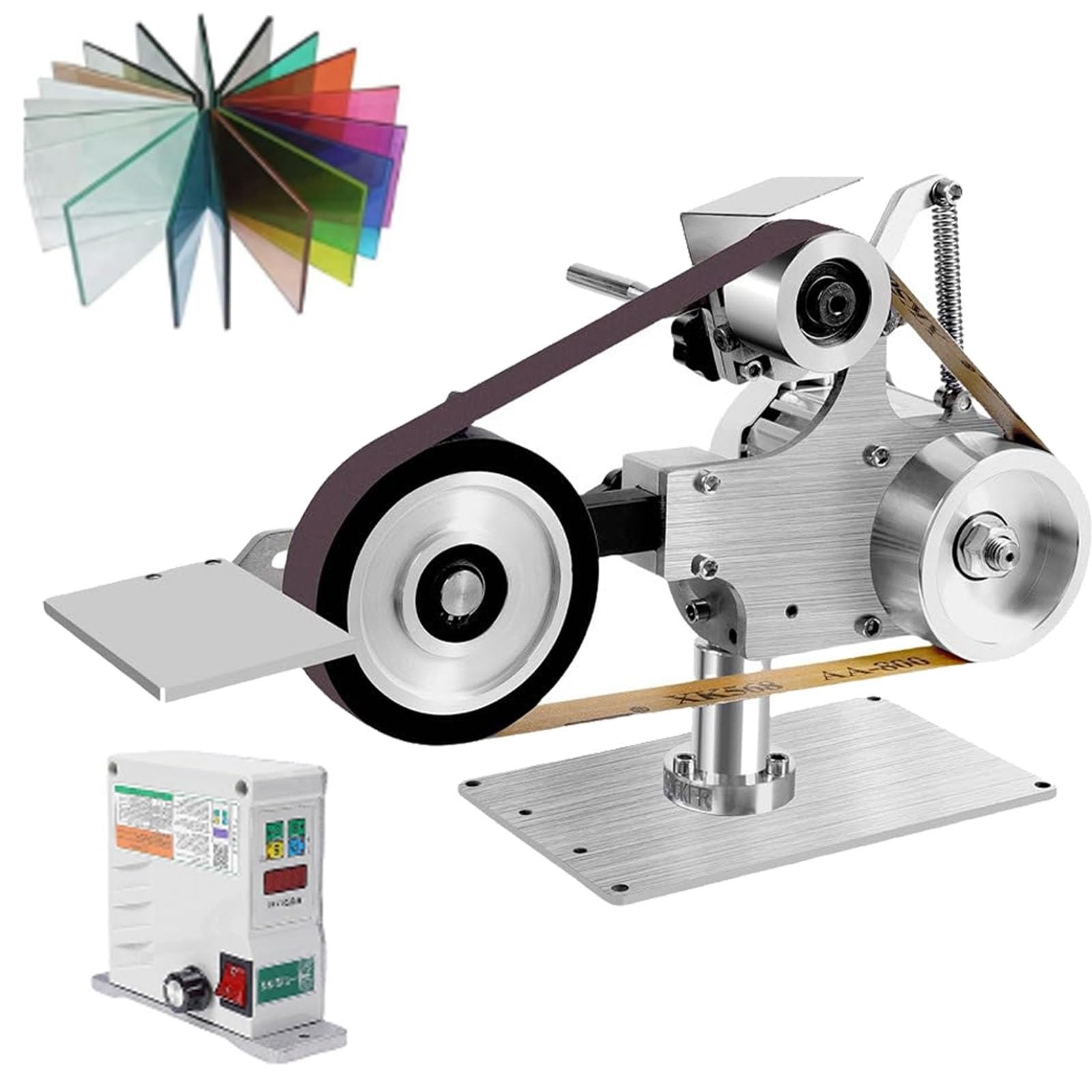 Lijadora de escritorio DIY de 550 W, amoladora de banco eléctrica con banda for cuchillos, lijadora de banda 1x30, con motor sin escobillas, pulidora de banco vertical for joyería, metal y madera.