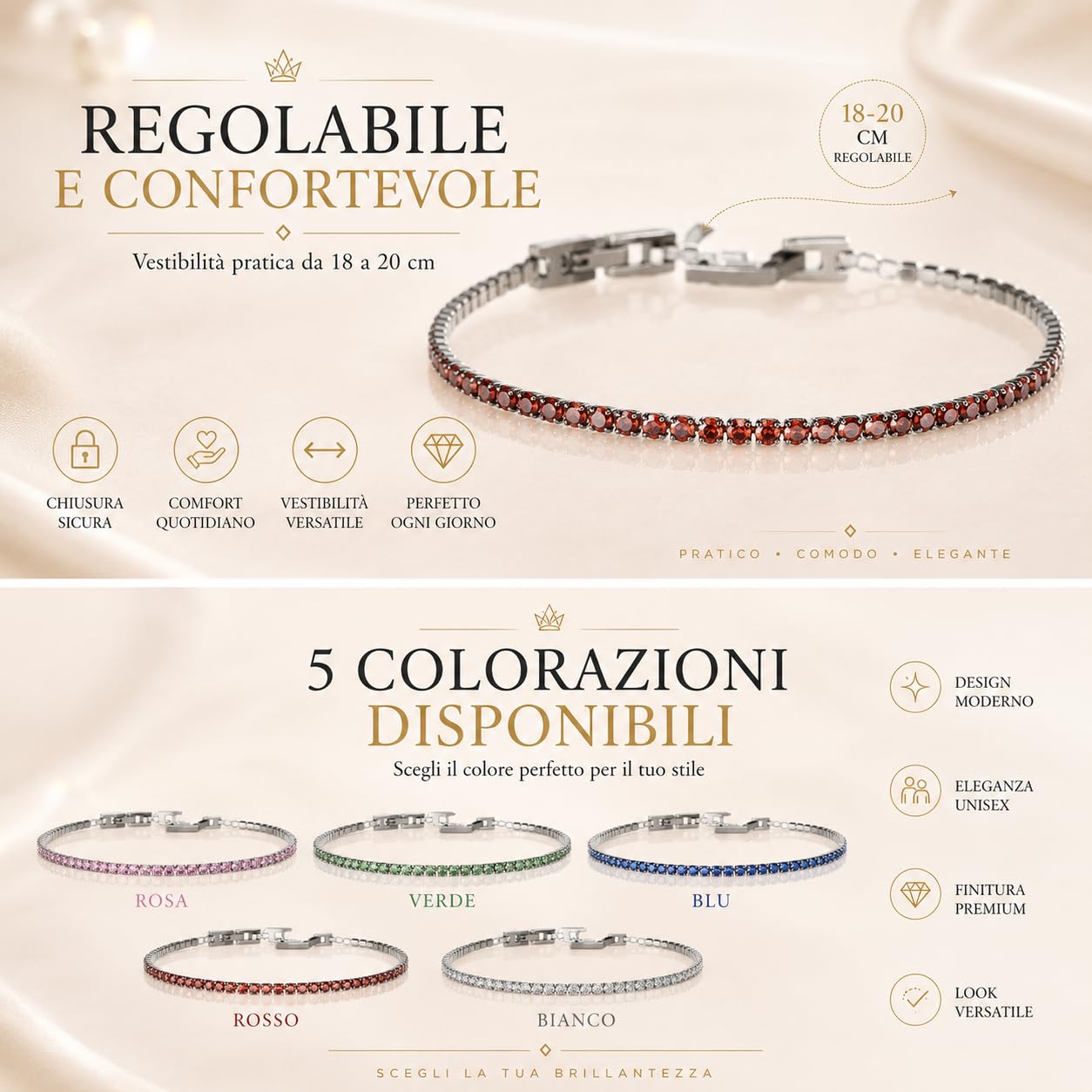 Bracciale Tennis Acciaio Inox Zirconi taglio Brillante 2 mm Lunghezza regolabile