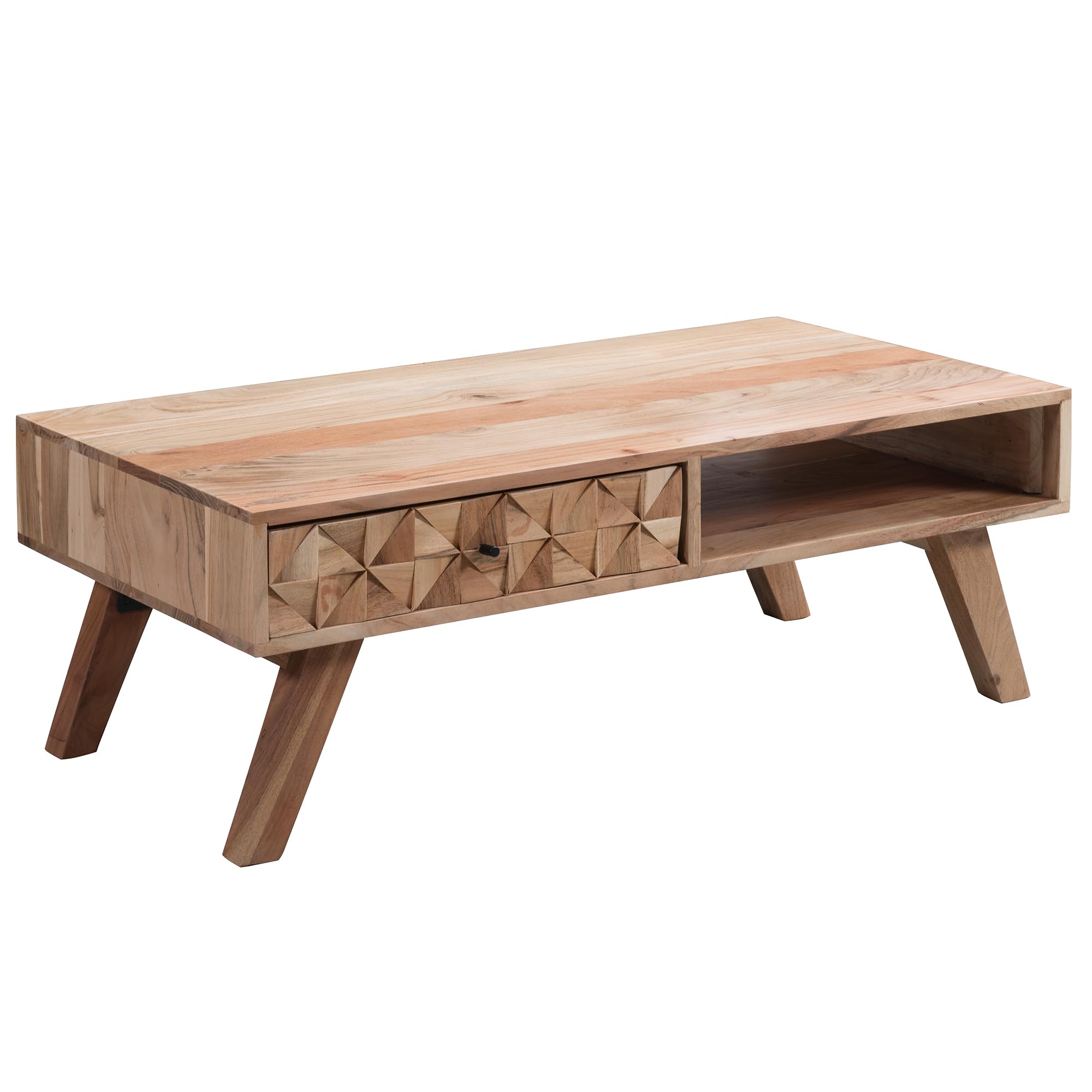 FineBuy Couchtisch 95x50x35 cm Akazie Massivholz mit Schublade | Wohnzimmertisch mit 3D-Front und Ablagefach, Sofatisch im Landhausstil, Echtholz handgefertigt, Unikat