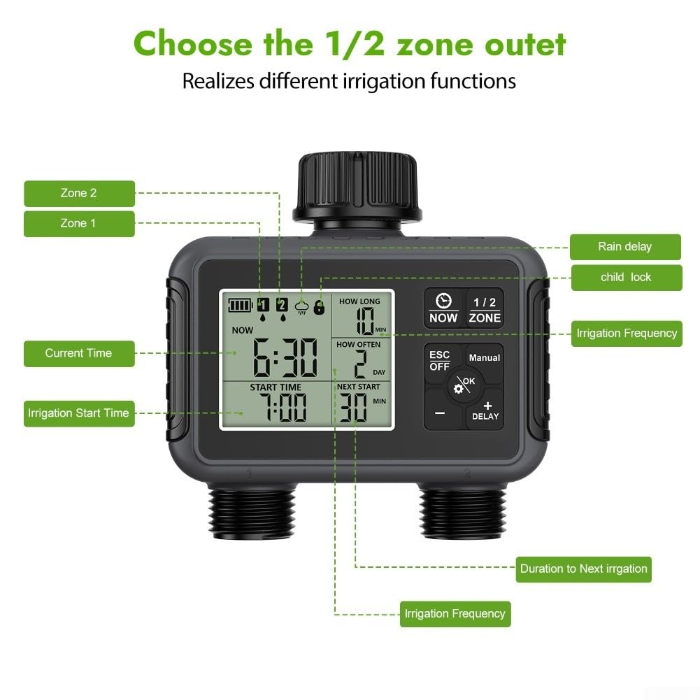 Temporizador de riego impermeable IPX5 con 2 salidas independientes, control de riego de jardín programable, frecuencia ajustable de 1 hora a 15 días, función de retardo de lluvia para riego