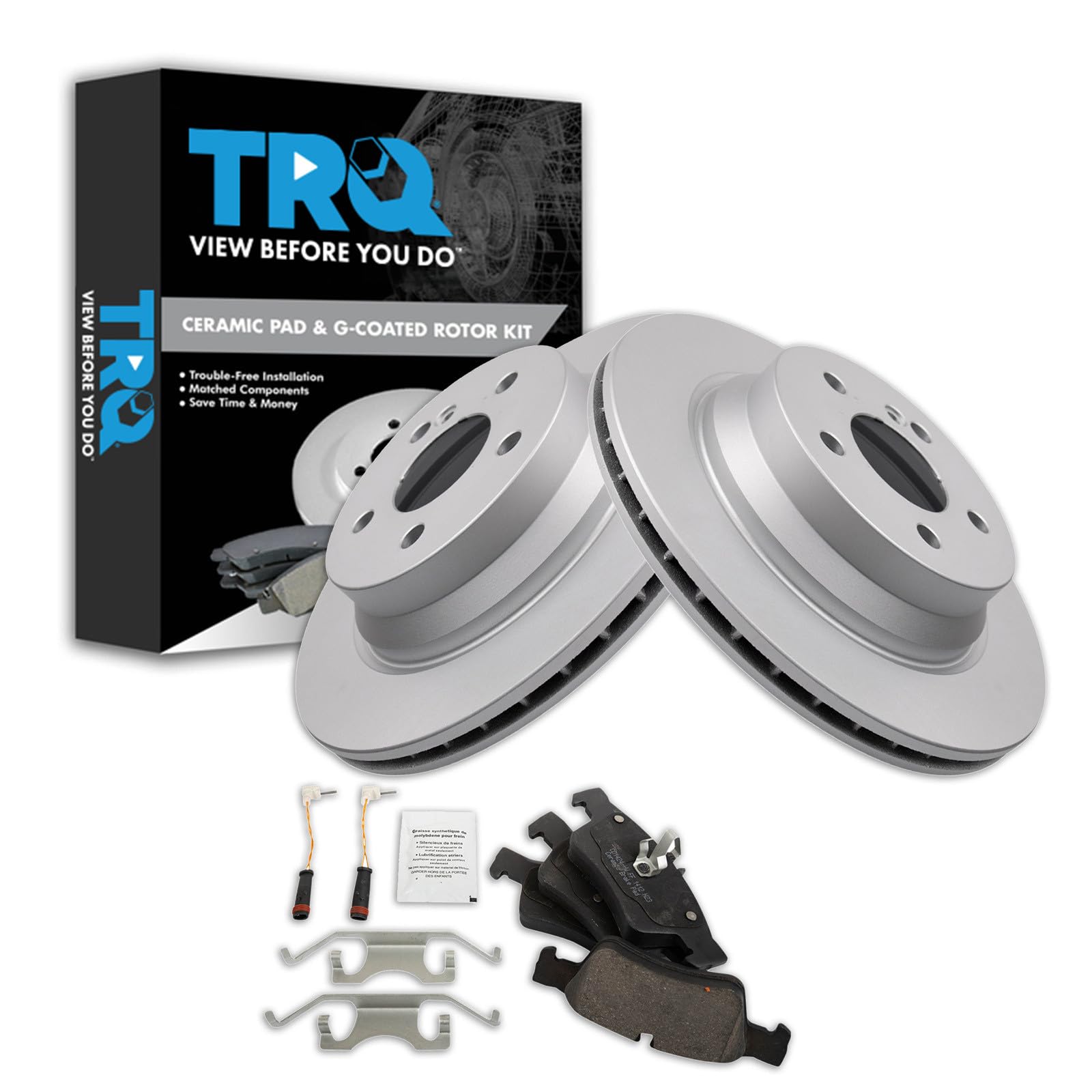 TRQ Rear Brake Pad &amp; Rotor Ceramic Coated Rotors Compatible with 2003-2006 Mercedes-Benz E500 2004-2006 E320 2006 CLS500 2006-2016 E350 2007-2011 CLS550 2007-2009 E550 2013-2016 E400 2015-2016 CLS400
